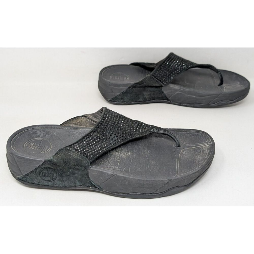 FitFlop Womens Size 7 Lulu Crystal Embellished Sandal Wedge‎ Black Thong 301-122